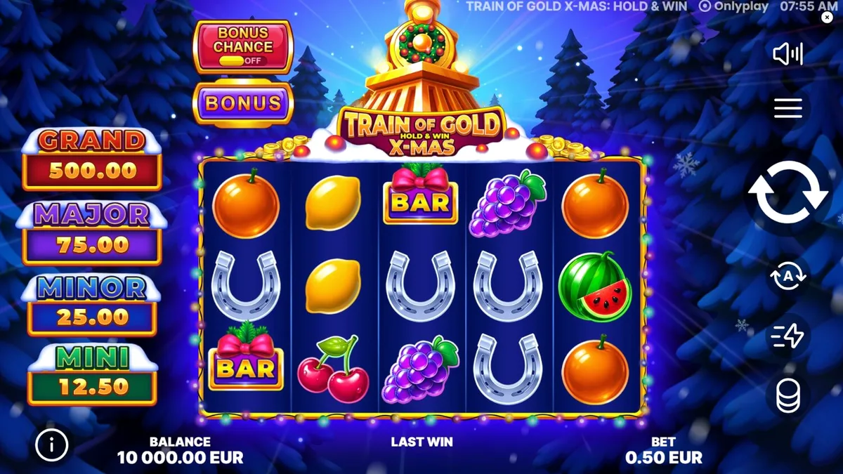 Tampilan visual slot Train of Gold X-Mas dengan nuansa kereta emas dan dekorasi Natal